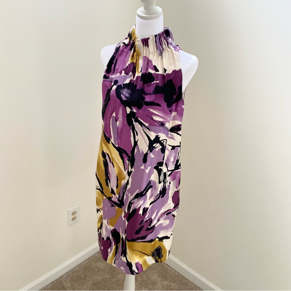 Taylor Sz 4 100% Silk Purple Yellow Floral Sleeveless Dress Cocktail Artsy Party